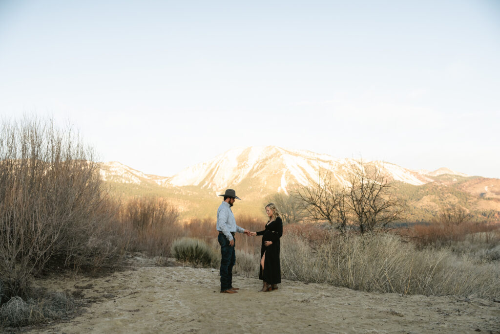 Man and pregnantwoman facing each other holding hands with mountain view behind them
